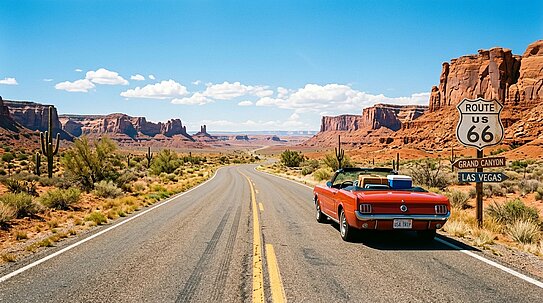 Ein rotes Oldtimer-Cabriolet am Rand der Route 66 inmitten der roten Felslandschaft des Monument Valley.