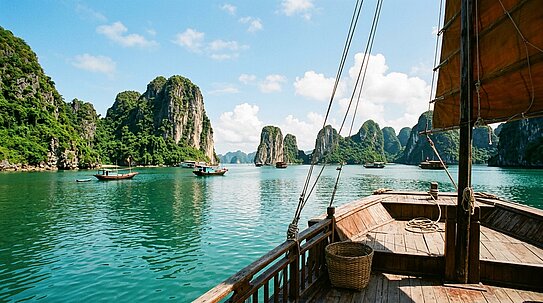 Traditionelle Dschunke in der Halong-Bucht in Vietnam – Reiseimpfberatung Tropenordination Wien